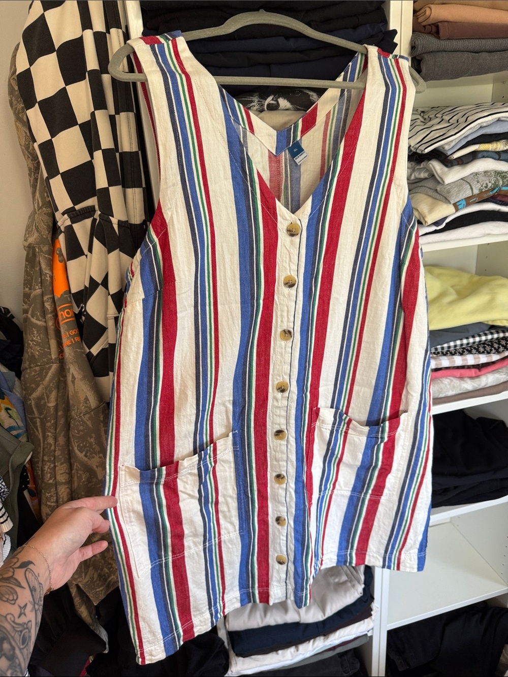Sleeveless Striped Button-Front Cotton Dress in Red, Blue & White